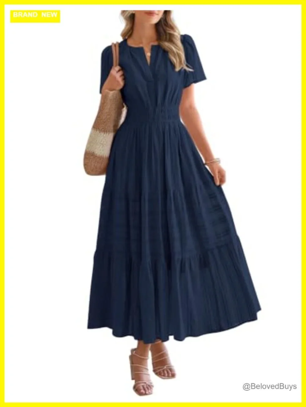 Women's Casual Maxi Dress Short Sleeve V-Neck Tiered Ruffle Boho Beach Dress